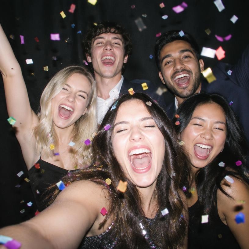 Friends cheering with confetti